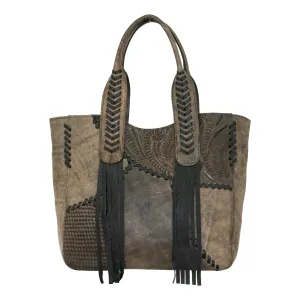 American West Womens Gypsy Patch Distressed Charcoal Brown Leather Tote Bag