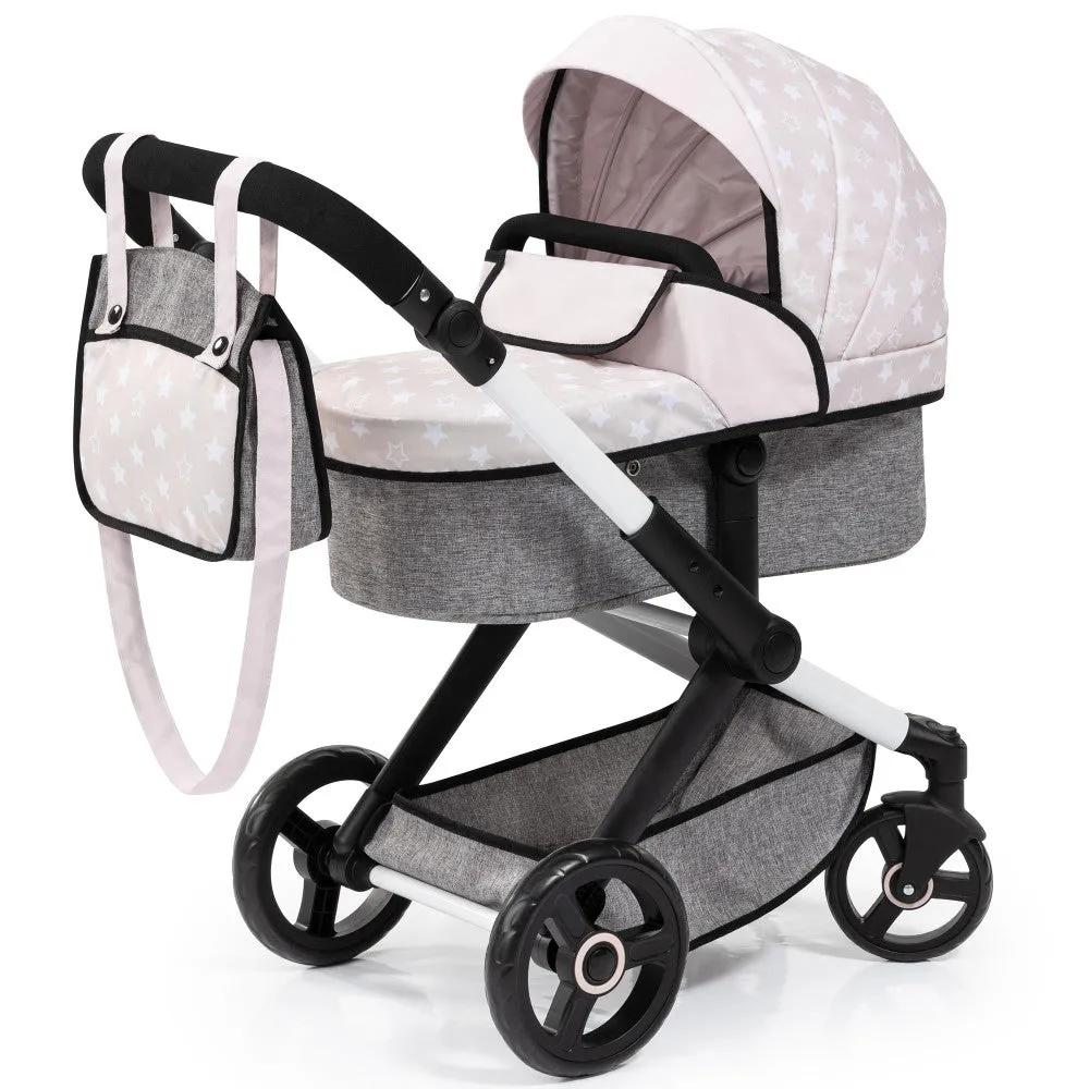 Bayer Design Combi Doll Pram Xeo, Gray & White Stars - Versatile Doll Stroller for Kids, Ages 3 