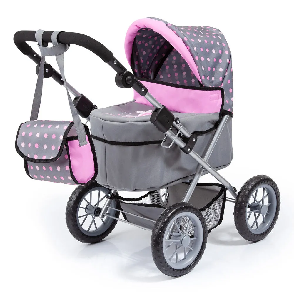 Bayer Design Trendy Doll Pram - Adjustable, Foldable with Handbag, Grey Pink Dots