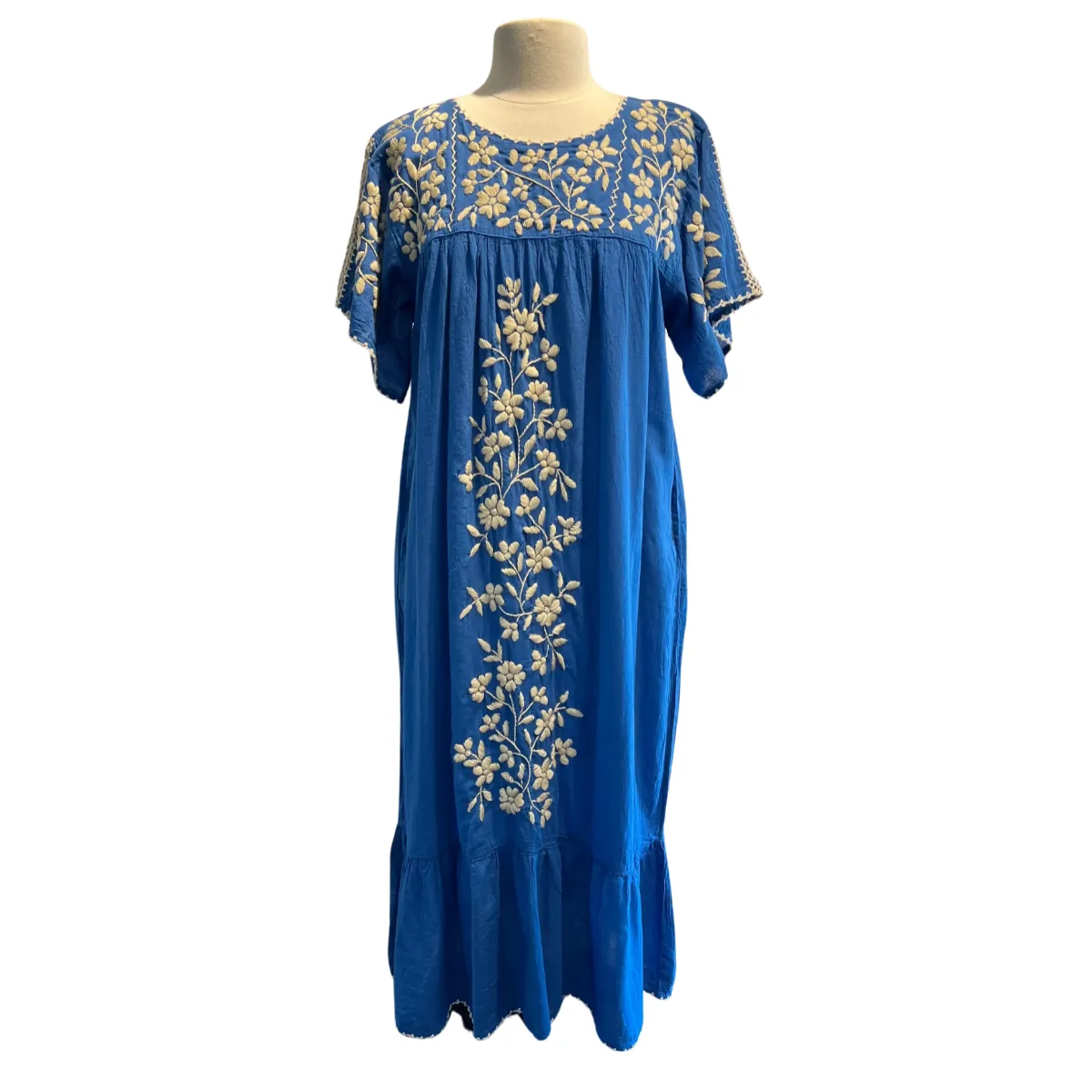 Blue Cotton Embroidered Maxi Dress