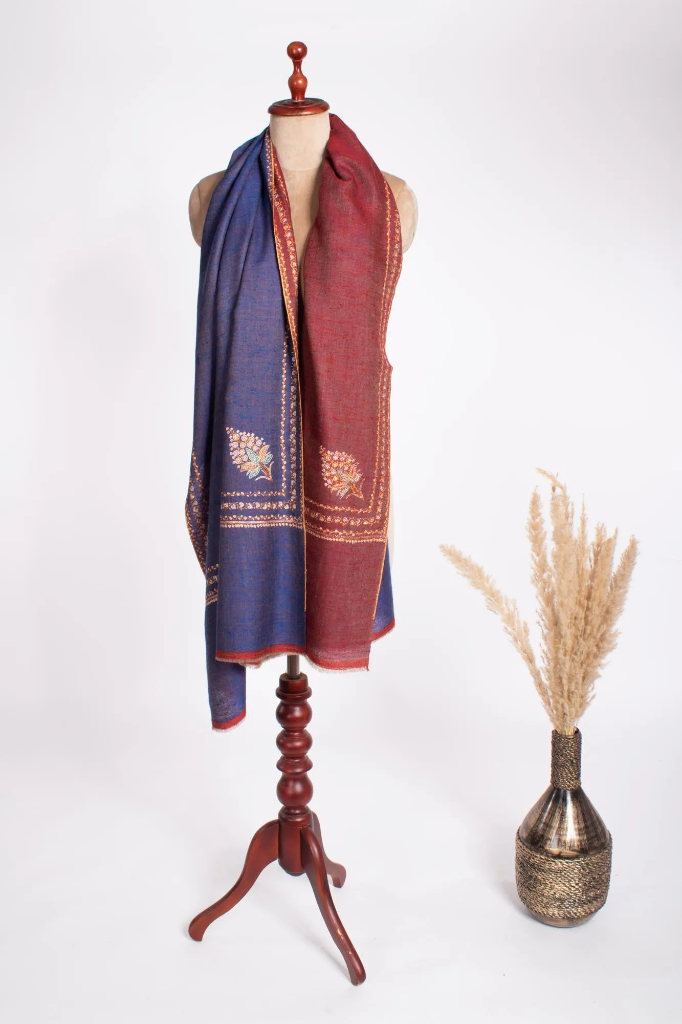 Blue Maroon Dorukha Hashia Pashmina Wrap - JASPER