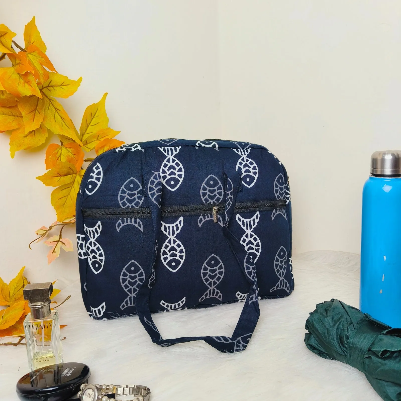 Everyday Tote Dark Blue with White and Grey Graphic Prints