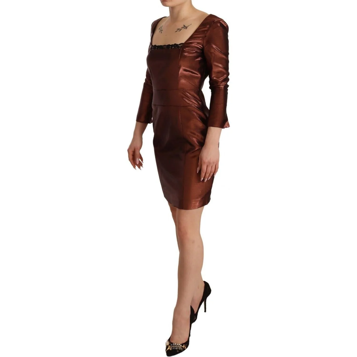 GF Ferre Elegant Bronze Sheath Mini Dress with Square Neck