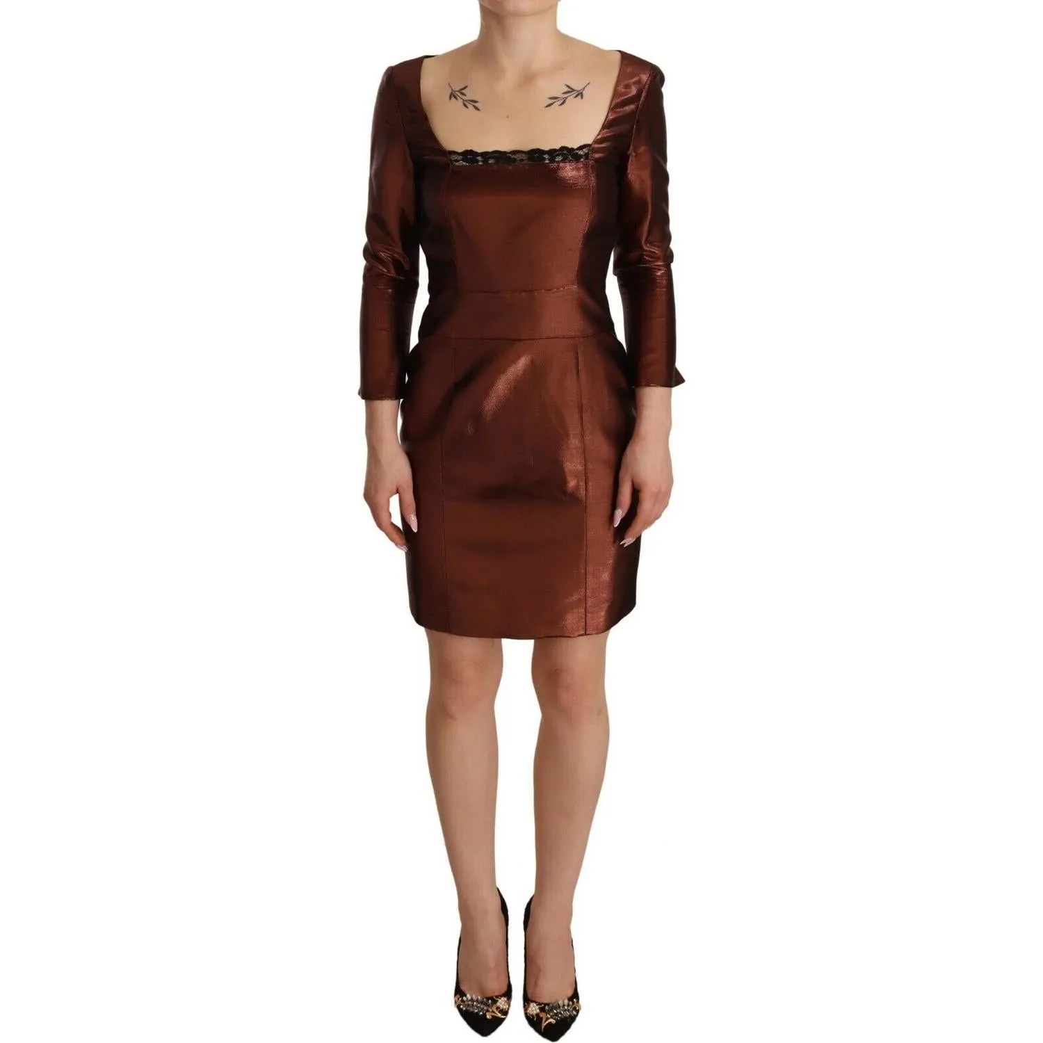 GF Ferre Elegant Bronze Sheath Mini Dress with Square Neck