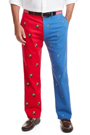 Harbor Pant Deep Ocean Blue and Bright Red Panel with Dreidel and Santa