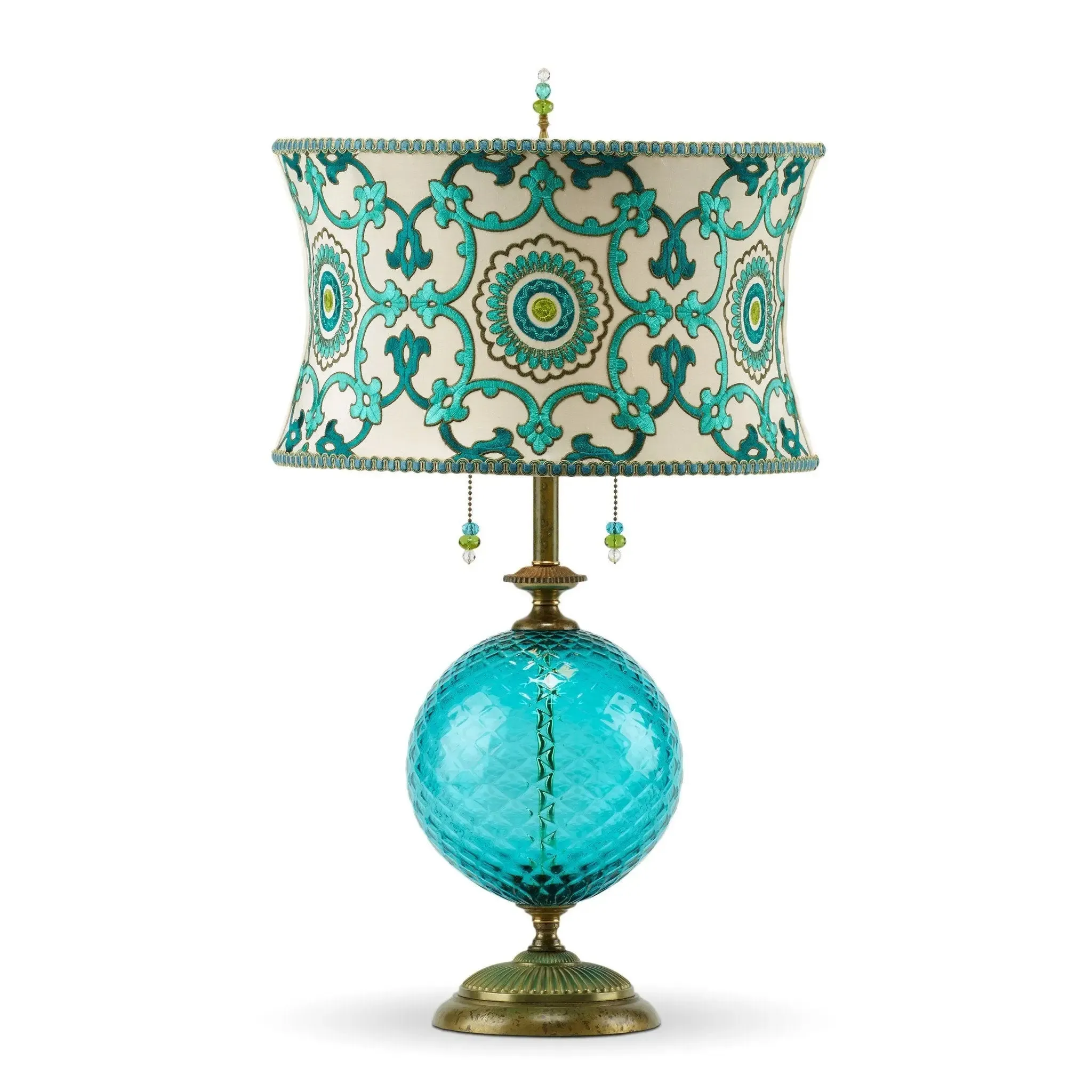 Ingrid Table Lamp 129K117 by Kinzig Design,Turquoise Blown Glass, Embroidered Silk Shade In Turquoise And Green