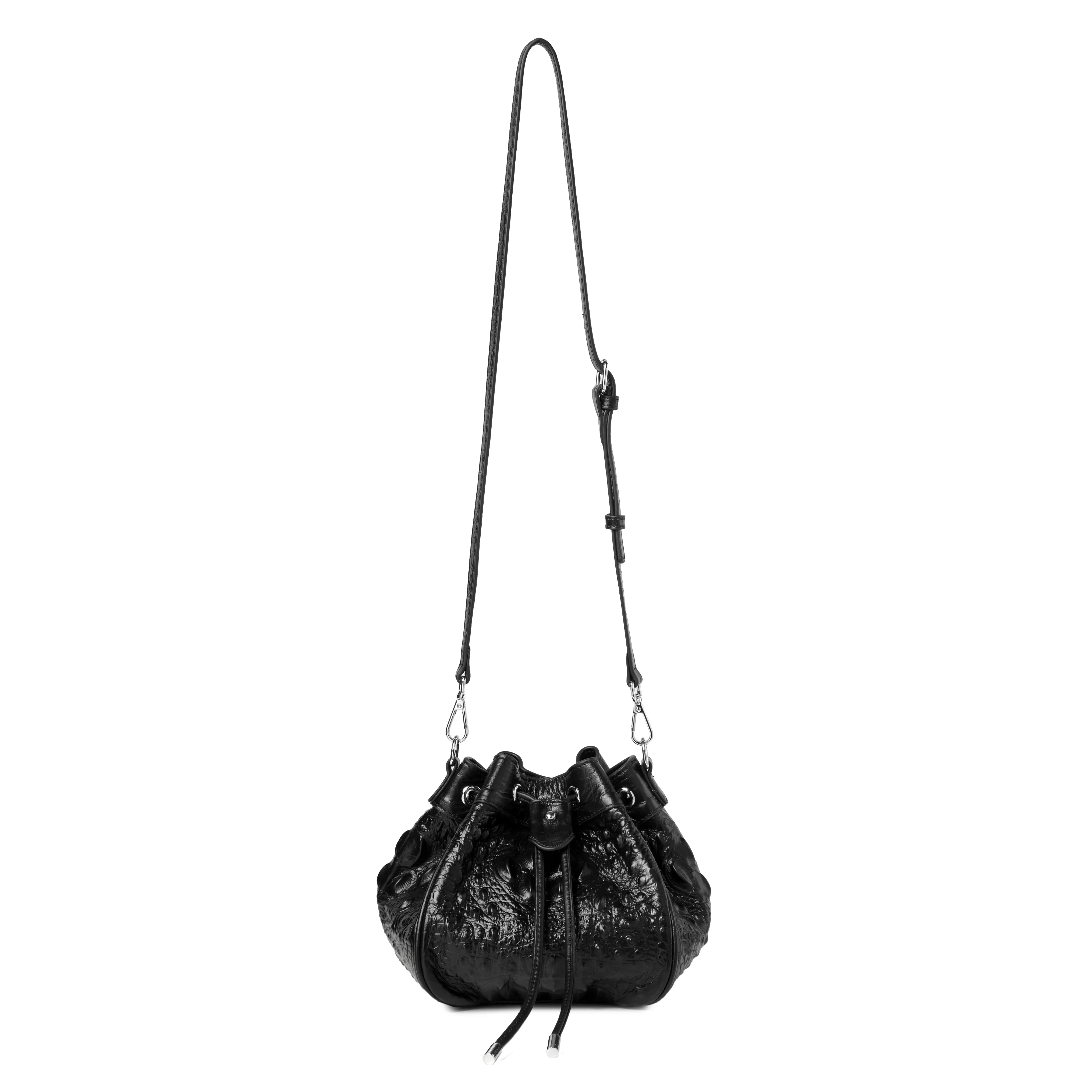 Jolyn Embossed Leather Bucket Crossbody- BLACK