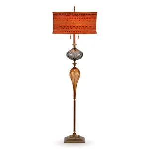 Sam Floor Lamp F206AG156 Colors Smoky Gray and Amber Blown Glass Base Embroidered Orange Silk Shade Kinzig Design