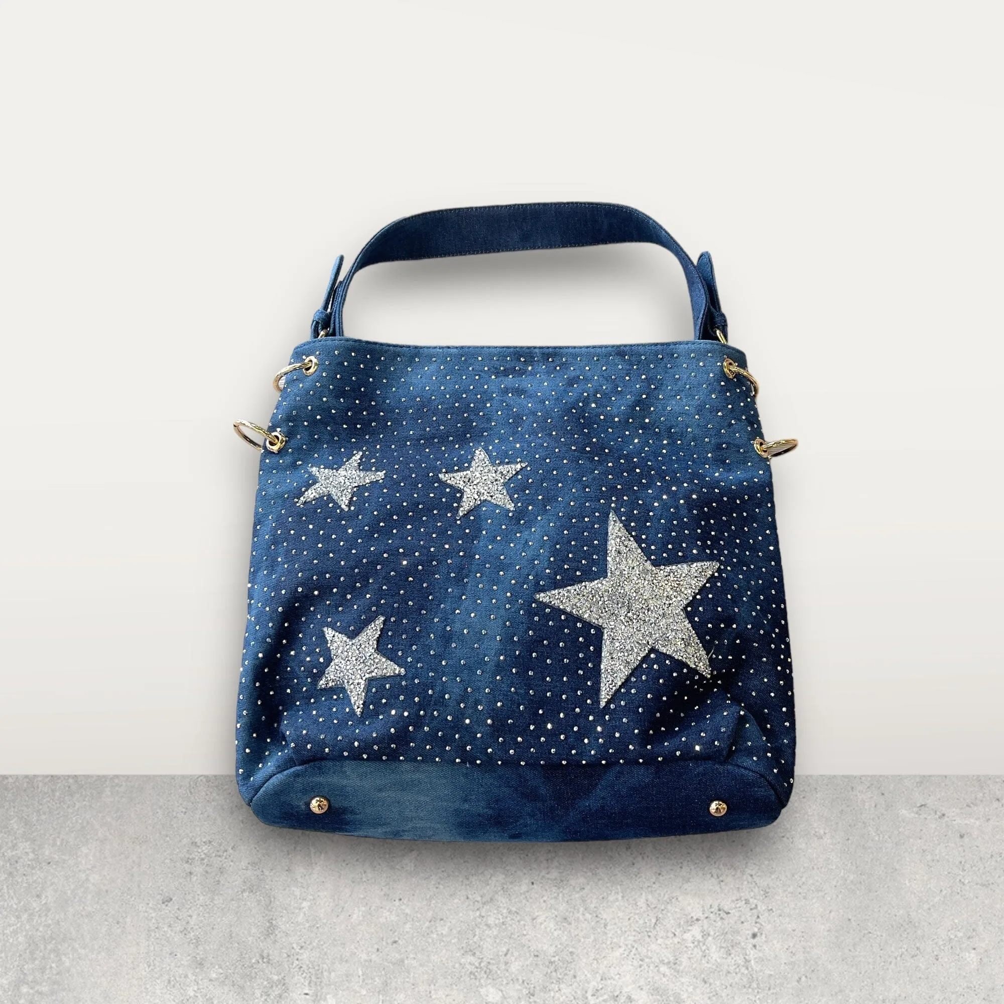 STAR CRYSTAL EMBELLISHED DENIM HANDBAG