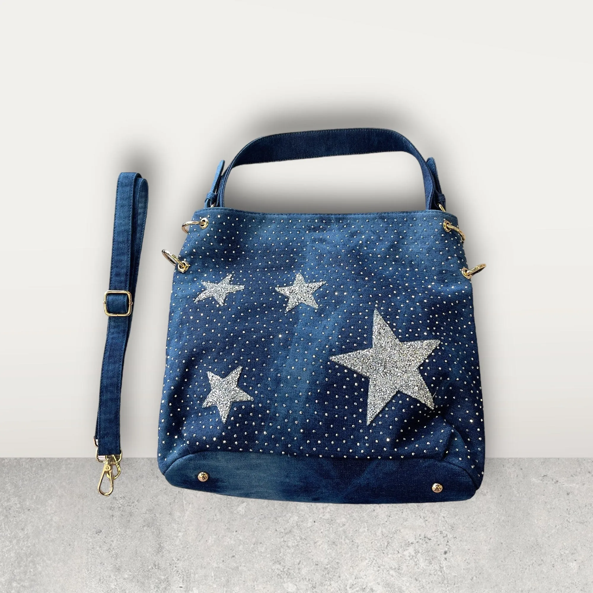 STAR CRYSTAL EMBELLISHED DENIM HANDBAG