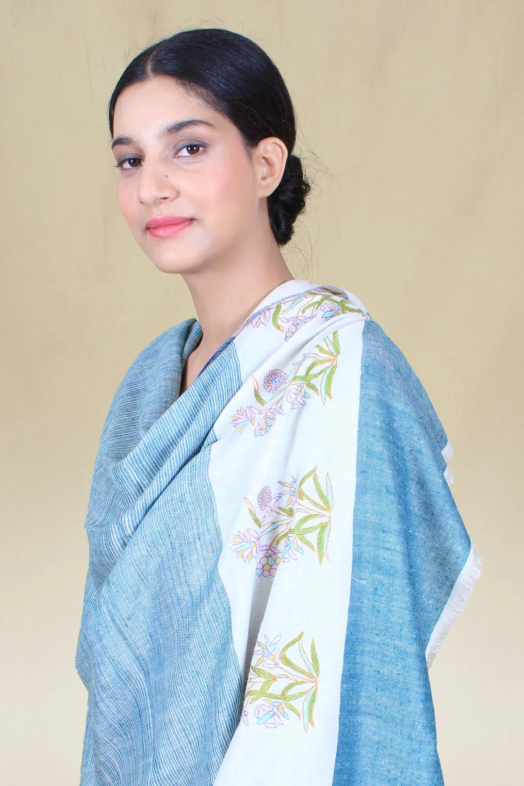 Sufiaan Maya Blue Paldar And Strips Embroidered Pashmina Shawl