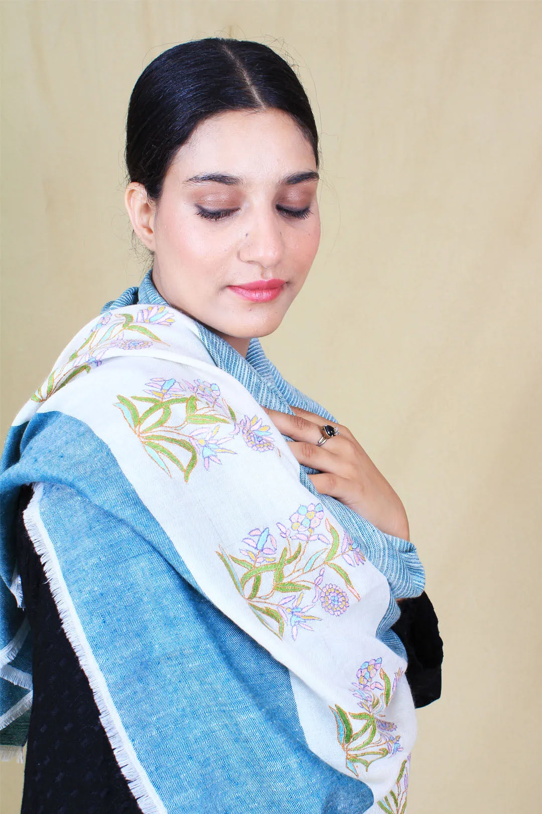 Sufiaan Maya Blue Paldar And Strips Embroidered Pashmina Shawl