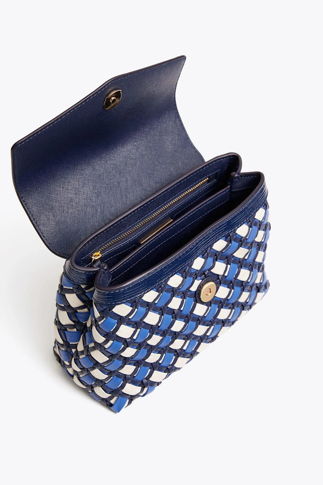 Elegant Tory Burch Royal Navy Robinson Woven Small Top-Handle Satchel Bag for Women