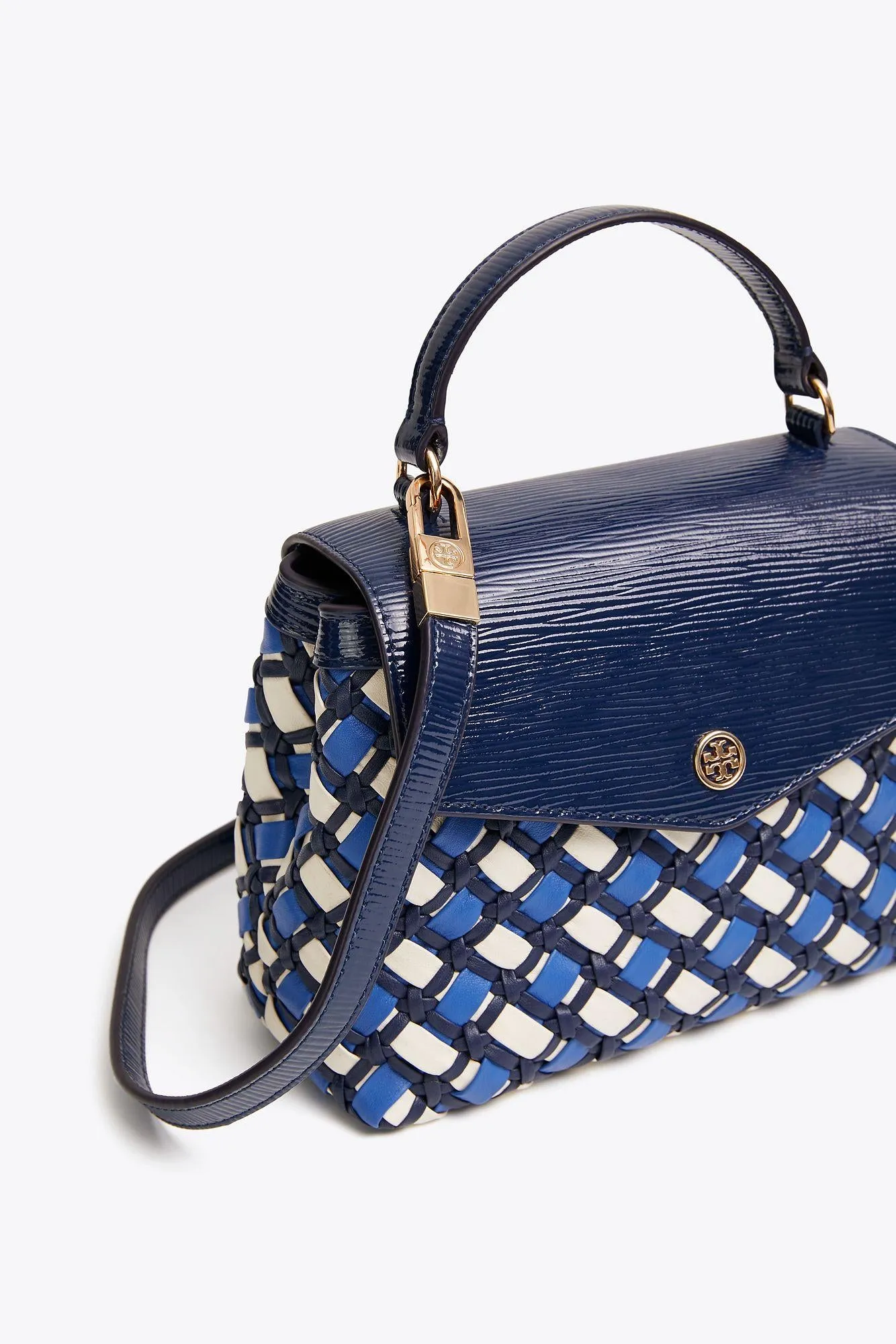 Elegant Tory Burch Royal Navy Robinson Woven Small Top-Handle Satchel Bag for Women