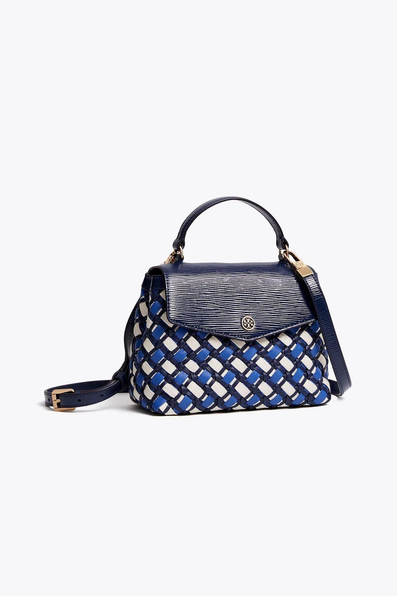 Elegant Tory Burch Royal Navy Robinson Woven Small Top-Handle Satchel Bag for Women